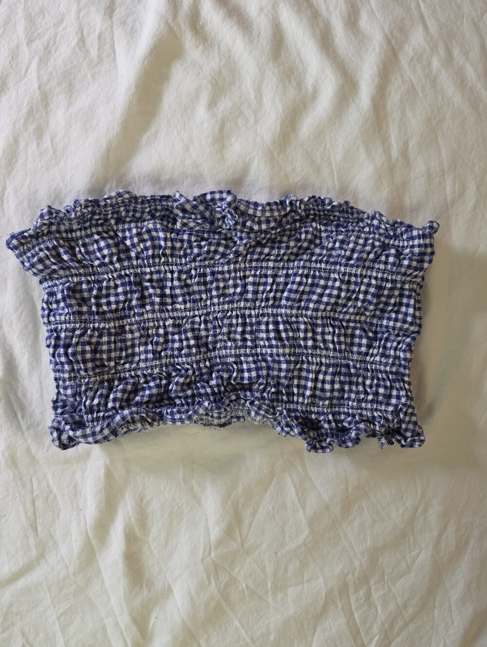 Japna Blue White Gingham Smocked Tube Top 100% Cotton Strapless Crop Medium